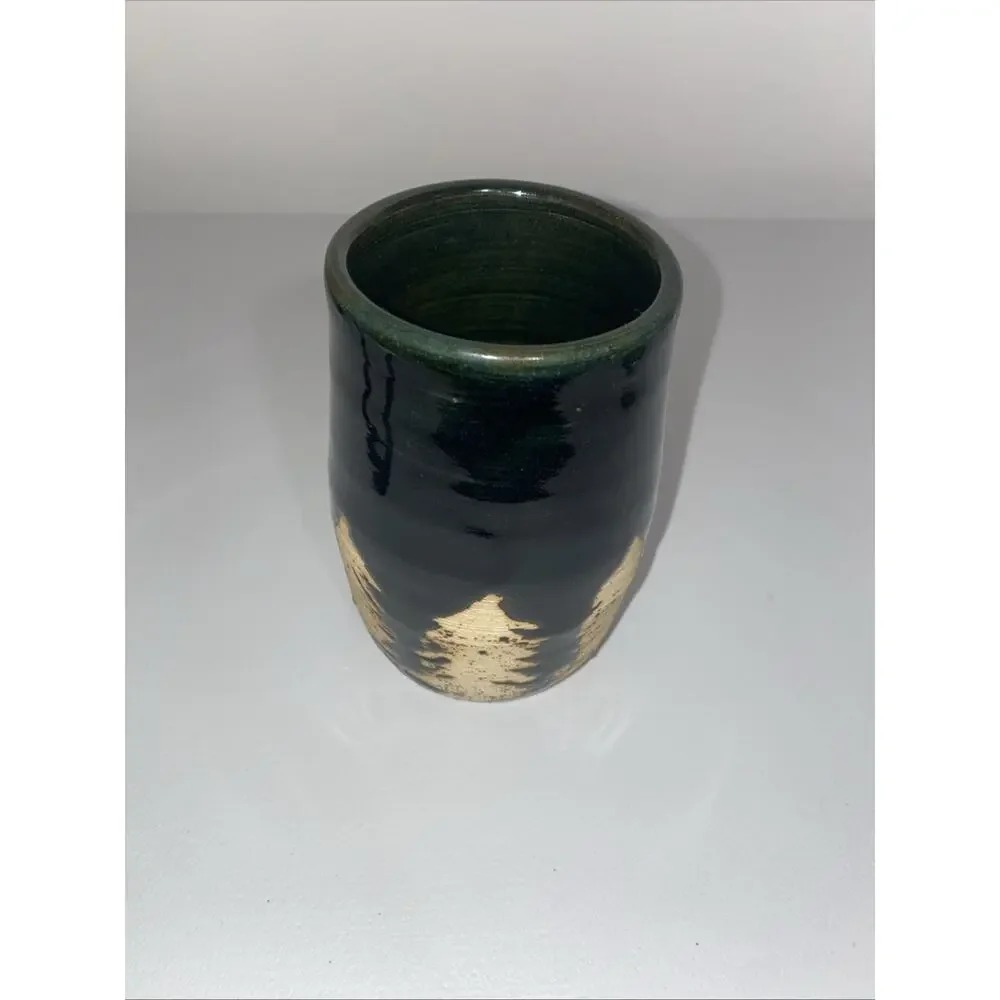 Studio Art Pottery Hand Thrown Glazed Vase/ Pen Holder Black With Trees
